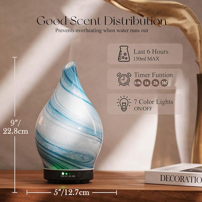 Porseme 150ml Essential Oil Diffuser Glass Color Changing Aroma Air Diffusers Aromatherapy Ultrasonic Cool Mist Humidifier 6 Running Hours Waterless Auto-Off for Sleeping Yoga Office Spa (Blue Ink)