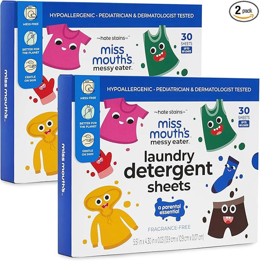 Miss Mouth's Messy Eater Laundry Detergent Sheets - Laundry Detergent, Hypoallergenic, Sensitive Skin Safe, Pediatrician and Dermatologist Tested, Fragrance Free, Travel Friendly, 120 loads