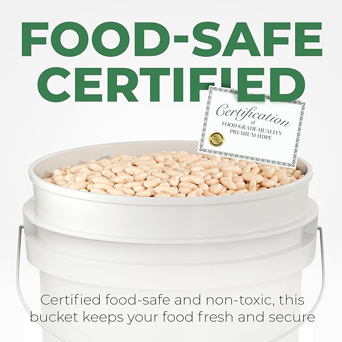 5-Gallon White Bucket Pail Container with Lid | Food Grade | Heavy-Duty Extra Durable | Metal Handles with Plastic Grip for Easy Carrying | Multi-Use | Easy Stack and Store | BPA Free -2 Pack