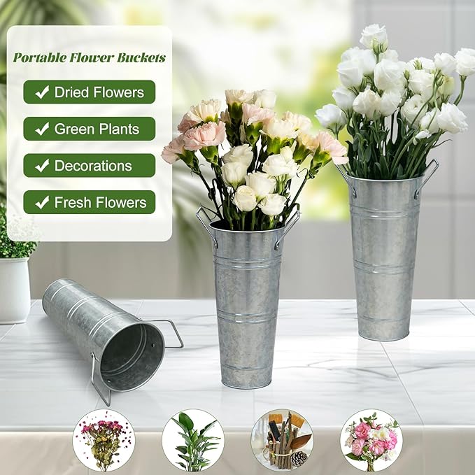 9 Inch Galvanized Metal Vases Farmhouse French Flower Bucket Vases for Cut Flowers, 8 Pcs Farmhouse Decorative Tall Flower Bucket with Handles for Table Weddings Home Decor (Silver, 8 Pcs 9inch)