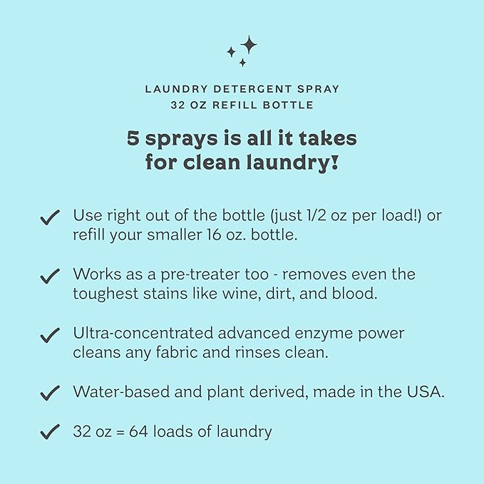 Clean Mama Laundry Detergent Spray & Pre-Treater Refill - Natural Laundry Detergent Soap for Sensitive Skin - Eco-Friendly, HE Compatible - Unscented - 64+ Loads of Laundry, 32 oz