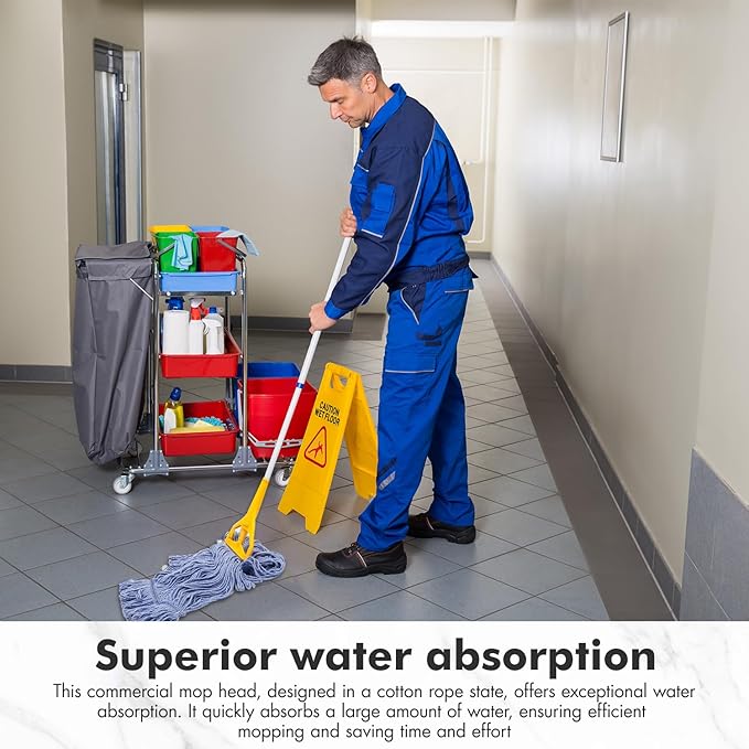 KULED Commercial Mop Head Replacement, Heavy Duty Industrial Cotton Mop Heads, Looped-End String Wet Mop Head for General and Floor Cleaning, Blue (3 Count)