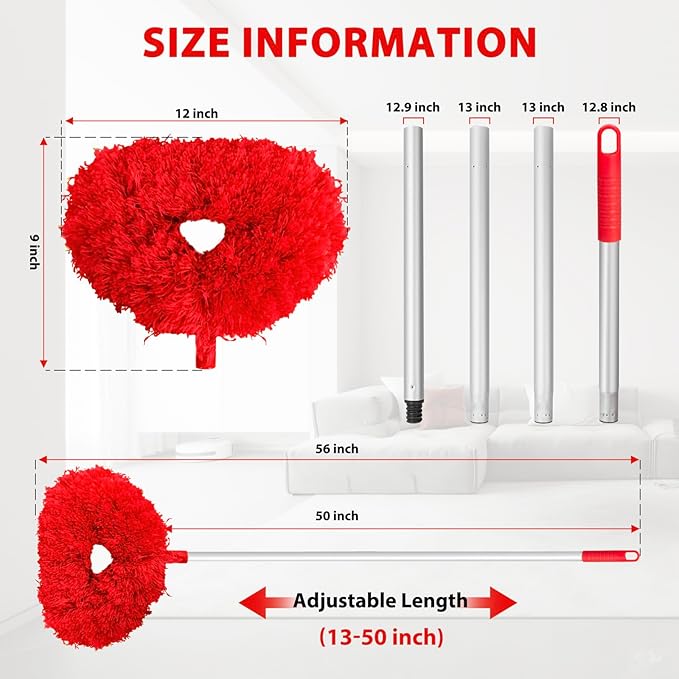 Ceiling Fan Cleaner Duster High Ceiling Extended Fan Blade Cleaner from 13 to 50 Inch Reusable Microfiber Ceiling Fan Duster with Extension Handle for Furniture Bookshelves Wall Door (Red)