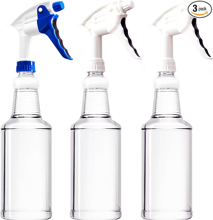 High Output, Leak Proof 32oz Spray Bottle 3 Pack - Spray Heads Included. Clear, Heavy Duty 32 Oz Plastic Sprayers for Mixed Chemicals, Bleach and Liquid Cleaner. Best Home Cleaning Supplies