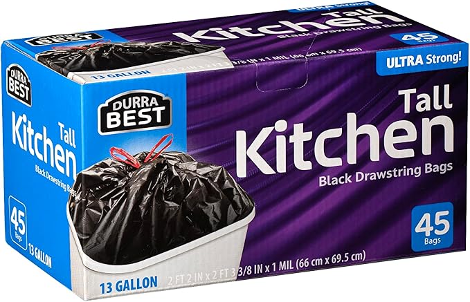Heavy-Duty 1 Mil 13 Gallon Black Trash Bags (45 Count) - Drawstring, Leak-Resistant for Home & Commercial Use