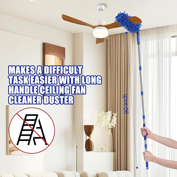 Ceiling Fan Cleaner Duster with 80" Extension Pole, Flexible and Washable Chenille Fan Duster for High Ceiling Fan Blades Light Fixtures Furnitures