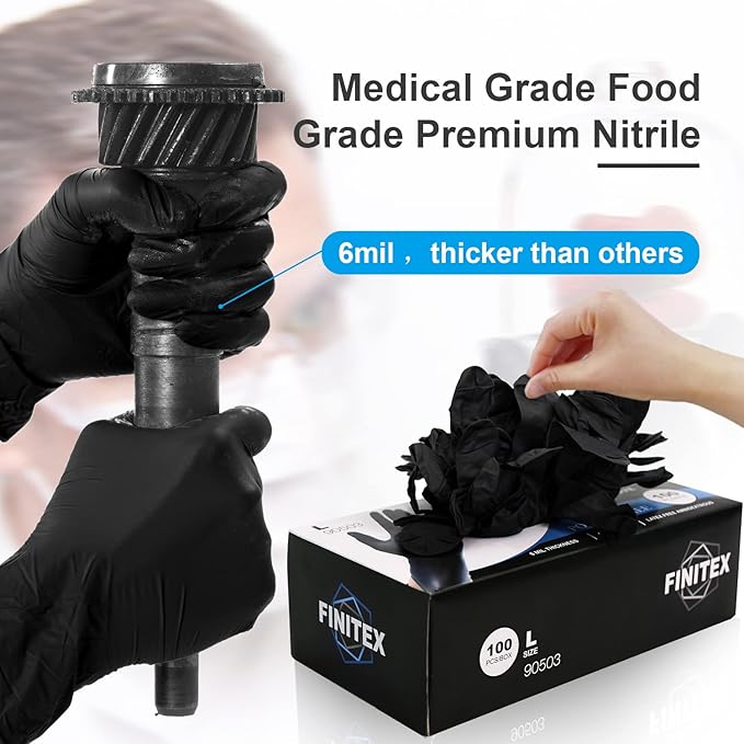 FINITEX Black Nitrile Disposable Medical Exam Gloves - 100/1000 PCS 6.3mil Gloves Powder-Free Latex-Free Food Gloves