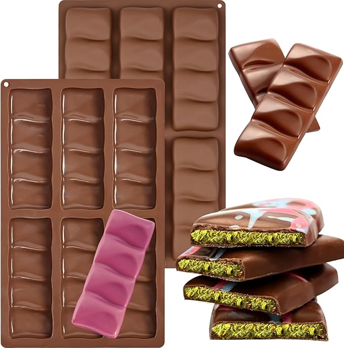 2 Packs Silicone Chocolate Bar Mold, Non Stick Dubai Pistachio Knafeh Chocolate Molds, Break Apart Design 6 Cavities Candy Bar Mold, Dubai Pistachio