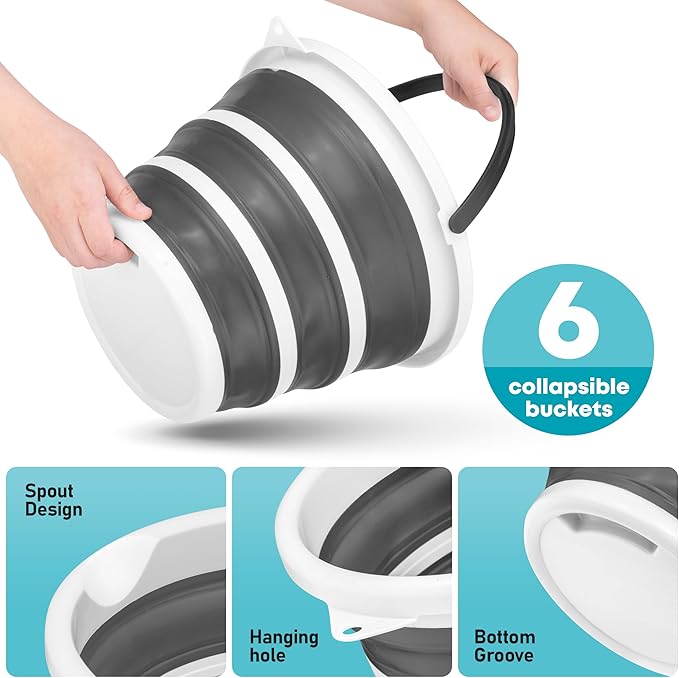 Superio Collapsible Bucket 2 Gallon Bucket with Handle Grey Car Wash Bucket Small Foldable Silicone Pail for Camping, Fishing, Cleaning, Mopping, 10 Liter, 6
