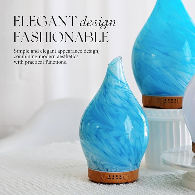 Porseme 150ml Essential Oil Diffuser Glass Color Changing Aroma Air Diffusers Aromatherapy Ultrasonic Cool Mist Humidifier 6 Running Hours Waterless Auto-Off for Sleeping Yoga Office Spa (Blue Wave)