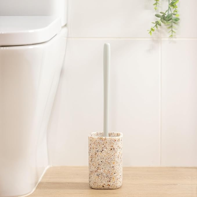 Vigar Zense Toilet Brush and Holder Set, Toilet Bowl Brush with Polyresin Stone Holder, Bathroom Sets for Bathroom Decor and Accessories, Terrazzo
