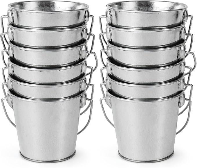3.1" Galvanized Mini Tin Buckets – 12Pcs Silver Metal Buckets with Handle, Ideal for Party Favors, Bridal Shower and Craft Projects (Silver, 3.1")
