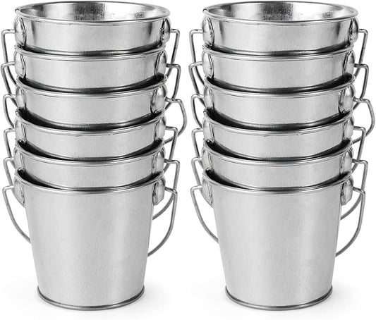 3.1" Galvanized Mini Tin Buckets – 12Pcs Silver Metal Buckets with Handle, Ideal for Party Favors, Bridal Shower and Craft Projects (Silver, 3.1")