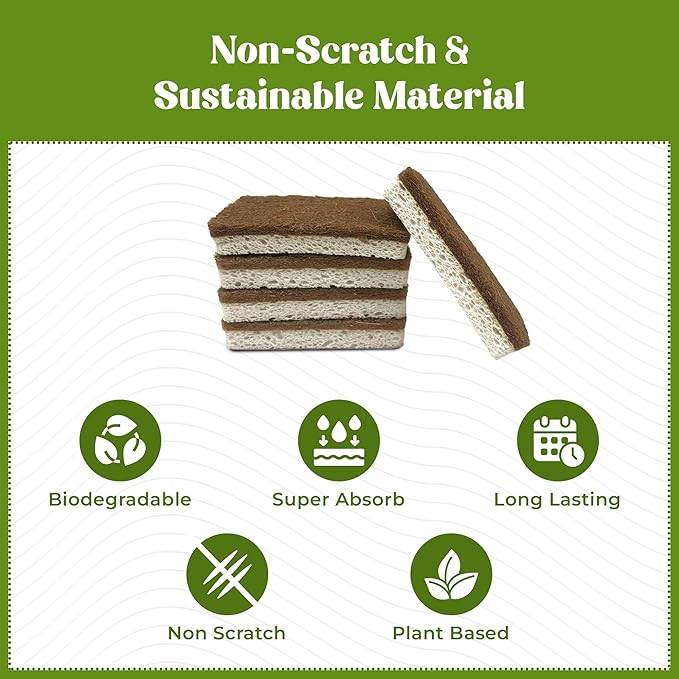 12 Pack Natural Kitchen Sponges - Biodegradable, Compostable, Sustainable Wood Cellulose & Coconut Fiber Sponge for Dishes, Quick Drying & Non Scratch Plant Based Eco Friendly Scrubber for Dishwashing
