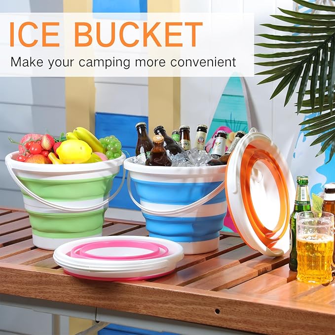 Pickmesh 4 Pcs Autumn Camping Collapsible Bucket, Small Cleaning Bucket with Handle 2.6 Gallon (10l) for Household Outdoor Car Washing Portable Camping Beach Sand Tub(Blue, Green, Orange, Pink)