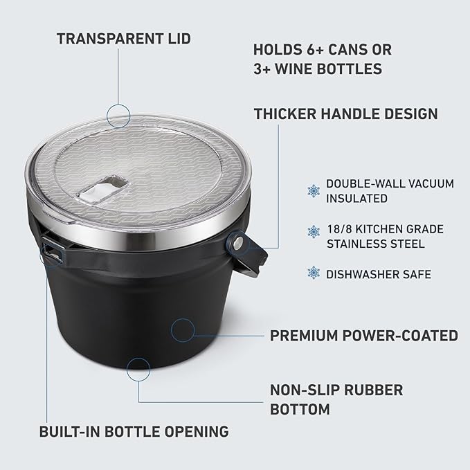 COKTIK 7L Insulated Ice Bucket with Lid，Double Wall Vacuum Stainless Steel Beverage Bucket Keeps Frozen Longer，Holds 6 Longnecks or 3 Bottles of Wine，for Cocktail, Champagne, Large Parties(Black)