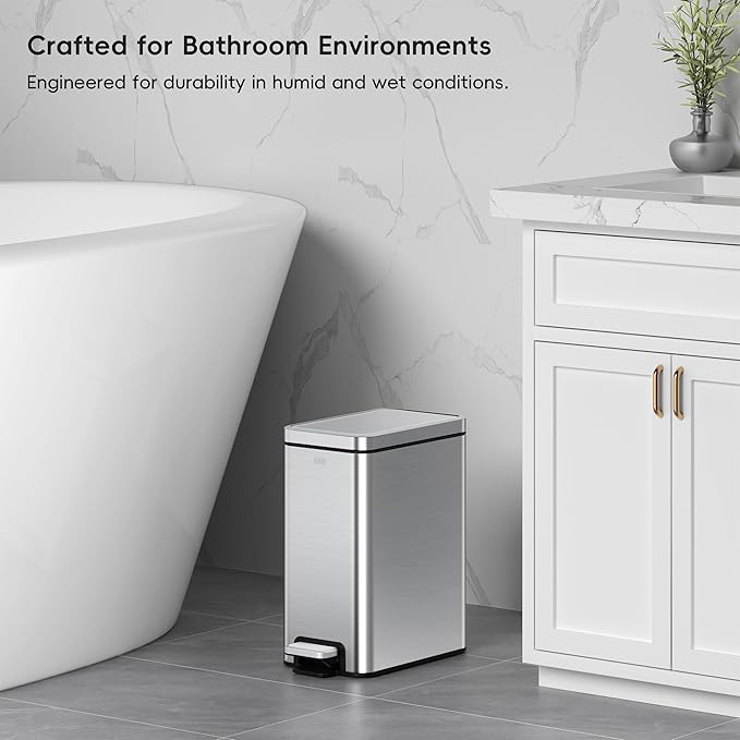 EKO Small Bathroom Trash Can with Lid Soft Close, Step Pedal, 10 Liter / 2.6 Gallon Stainless Steel Garbage Can with Removable Inner Bucket, Anti-Fingerprint Finish (Silver)