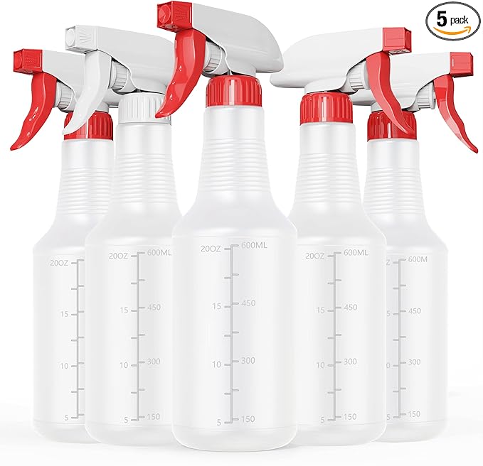 Veco Spray Bottle (5 Pack,24 Oz) with Measurements and Adjustable Nozzle(Mist & Stream Mode), HDPE Plastic Spray Bottles for Cleaning Solution, Household/Commercial/Industrial Use, No Leak and Clog