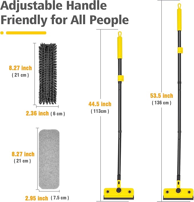 JEHONN Shower Cleaning Brush, 53.5 inches Long Handle Scrubbing Brush, 3-in-1 Bathroom Tub Tile Scrubber Mop with Squeegee for Bathtub Sink Tile Floor Wall Glass Deck (Yellow)