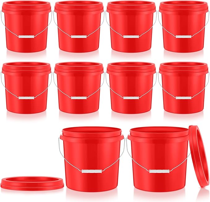 Tioncy 10 Pcs 2 Gallon Plastic Bucket with Lid Heavy Duty 2 Gallon Bucket Pail with Lid Handle for Storage Container Home Household Cleaning (Red)