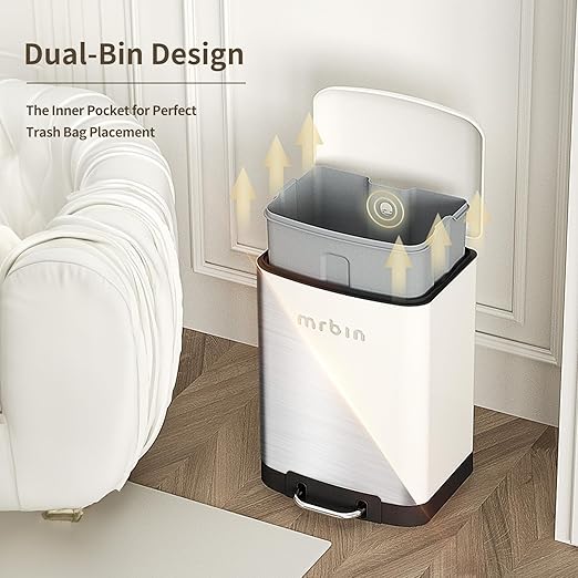 MRBIN Bathroom Trash Can with Lid, Metal Step Small Kitchen Waste Basket Touchless Soft Close, 12L / 3.2gal Rectangle Garbage Bucket with Stainless Steel Pedal for Office, Bedroom Accessories, White