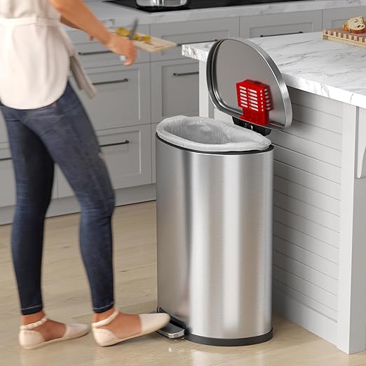 iTouchless SoftStep 13.2 Gallon Step Trash Can with Odor Filter, Stainless Steel 50 Liter Space-Saving Pedal Garbage Recycle Bin for Kitchen, Home, Office, Silent and Gentle Open, Semi-Round