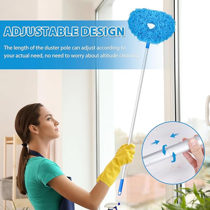 Ceiling Fan Cleaner Duster High Ceiling Extended Fan Blade Cleaner from 13 to 50 Inch Reusable Microfiber Ceiling Fan Duster with Extension Handle for Furniture Bookshelves Wall Door (Blue)