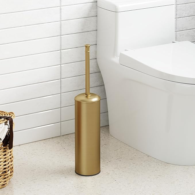 BESy Toilet Brush and Holder, Toilet Cleaner Bowl Set with Two Brush with Extra Long Handle, Durable Bristles Toilet Scrubber and Covered Holder, Drip-Proof Stainless Steel Brushed Gold