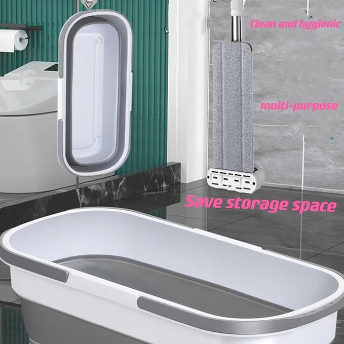 Mop and Bucket Set with Wringer, Flat Mops for Floor Cleaning, Wall Mop Cleaner with Long Handle, Hardwood Floor Mop with 6 Microfiber Pads (1 Mop + 6 Microfiber Pads + 1 Bucket)