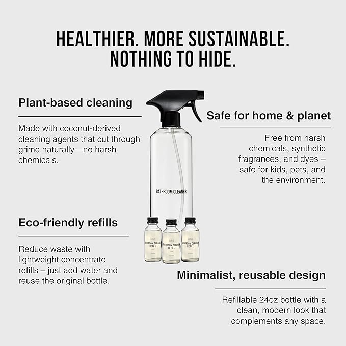Public Goods Bathroom Cleaner Refill & Glass Spray Bottle | Refill Concentrate for Toilets, Tile, Showers | Cruelty Free | Scented w/Lemon Rosemary Essential Oils | 3 Pack - 24 Oz Diluted