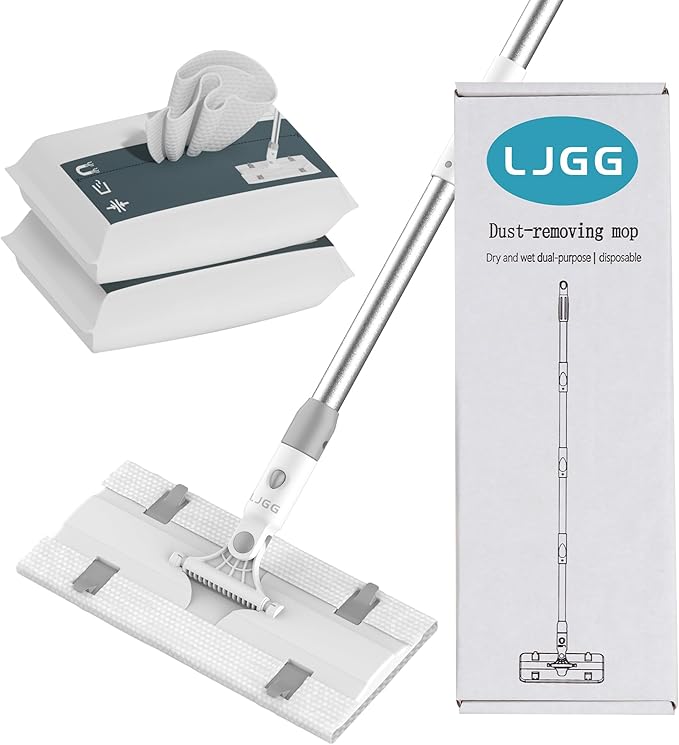 Disposable Pad Flat Mop for Floor Cleaning, 15.7 in (40 cm) Aluminum Base, 52 in Aluminum Handle, Includes 20 Dry Pads + 20 Wet Pads, Hands-Free Easy Clean – LJGG (Gray/White)