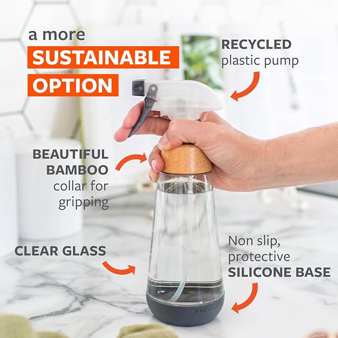 Full Circle Bottle Service-Refillable Glass Spray Bottle-Versatile Stream & Mist Options,Bamboo with Protective Silicone Boot-Ideal for Non-Toxic Cleaning Solutions & Plant Care,16oz,Gray,2 Pack