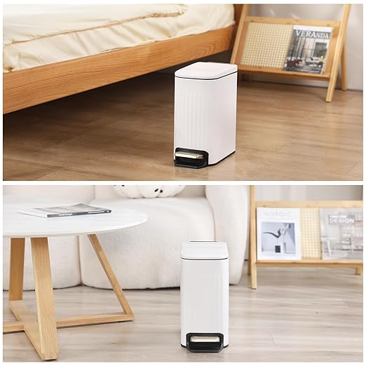 Slim Bathroom Trash Can with Lid Soft Close, Stainless Steel Garbage Can Step Trash Bin with Removable Inner Bucket for Bedroom, Office, Kitchen (Matt White, 1.8 Gallons)