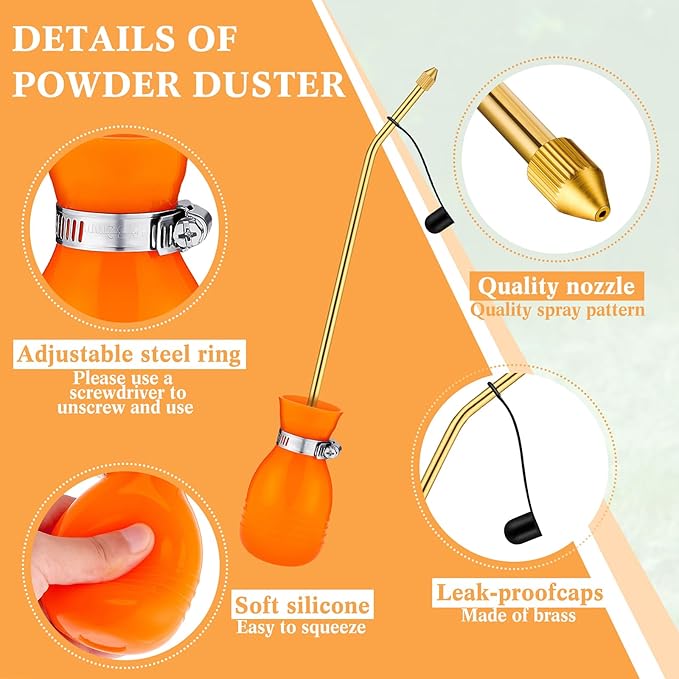 Boao Diatomaceous Earth Powder Duster Bulb Duster Sprayer 3.5 oz with Long Copper Garden Powder Applicator Dispenser for Organic Gardening Agricultural Supplies(Orange)