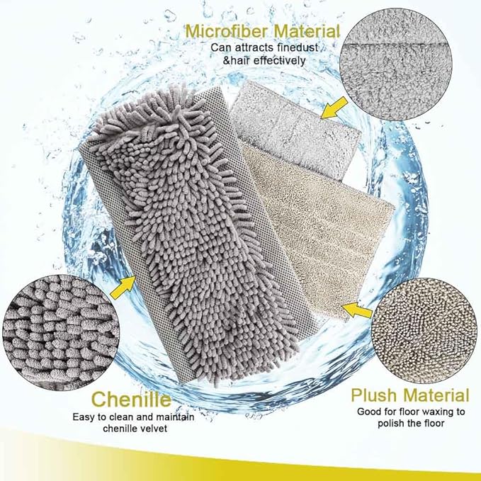 Flat Dust Mop for Floor Cleaning with Microfiber & Chenille Washable Pads and 1 Dirt Removal Scrubber,Wet&Dry Floor Mop with Adjustable Long Handle for Home,Hardwood,Laminate,Tile,Marble