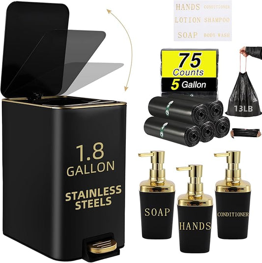 Small Bathroom Trash Can with Lid Soft Close, 1.8 Gallon Stainless Steel Garbage Can with Removable Inner Bucket,3PCS Soap Dispenser,75Count Trash Bag, Slim Step Pedal Trash Bins