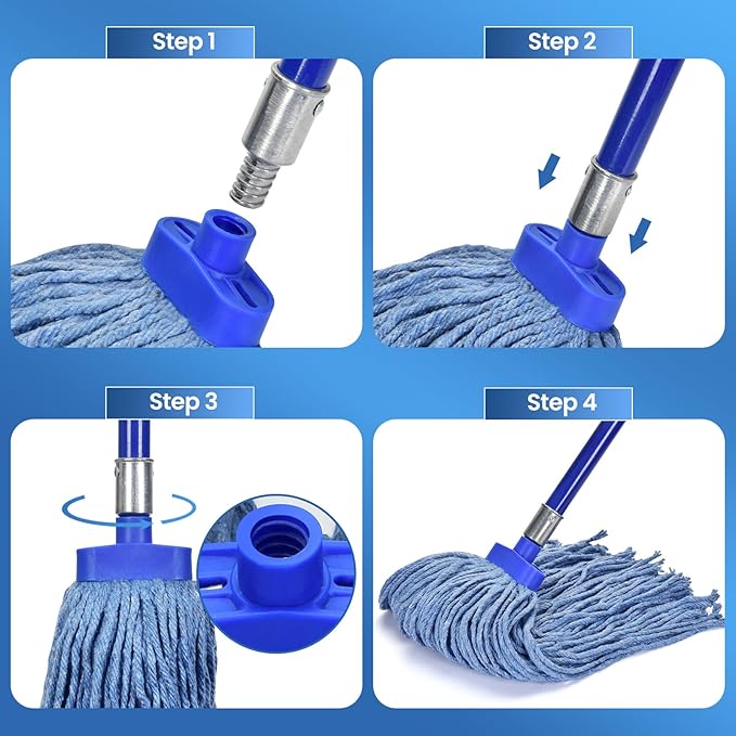 Matthew Cleaning Screw-on Heavy Duty Cotton Wet Mop Replacement Heads(Blue, Medium,12 Pack) with 2 Pack Microfiber Cloth for Residential & Commercial Floor Cleaning Use- Fit Standard American Screw