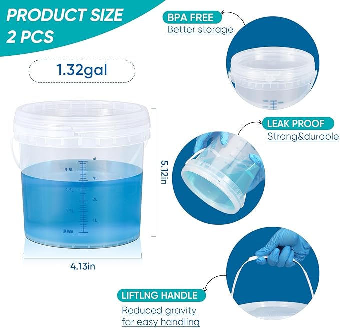 ASEVAT 1.3Gal 2Pack Clear Bucket Graduated Pail Container with Lid, Food Grade Buckets, Cleaning Containers Plastic Pails Extra Durable Handles with Grip for Easy Carrying