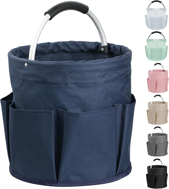 17L Cleaning Caddy with Handle, Portable Shower Caddy in 600D Oxford Fabric, Bucket Tool Organizer with 6 Side Pockets, Collapsible Storage Basket for Cleaning, Camping, Navy Blue