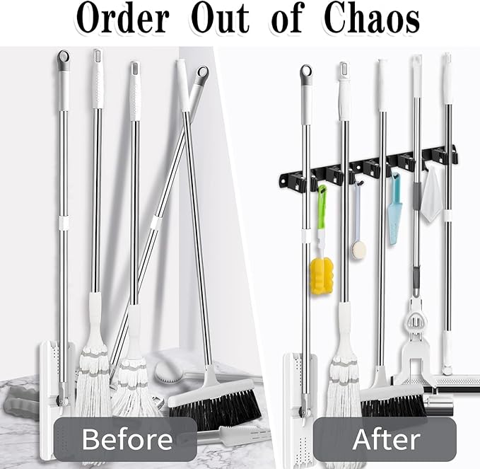 Black 5 Racks and 4 Hooks Mop and Broom Holder Wall Mount, Broom Organizer Storage Tool Racks Stainless Steel Heavy Duty Hooks Self Adhesive Solid Non-slip for Home Kitchen Garden Laundry Garage