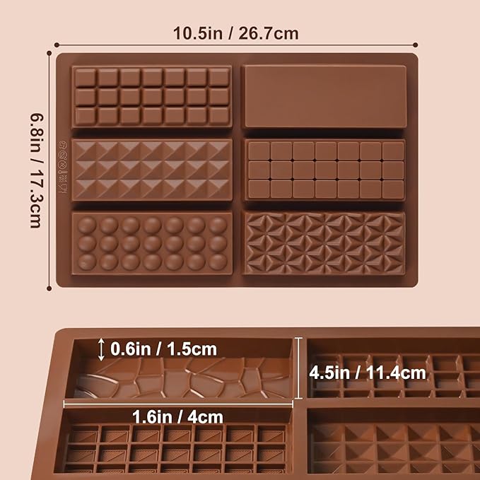 Chocolate Bar Mold, 2 Pack Deep Silicone Molds, Non-Stick Chocolate Molds for Stuffed Pistachio Knafeh Bars, Energy Protein, Homemade Candy Snacks, 6 in 1 Style Chocolate Bar Mold
