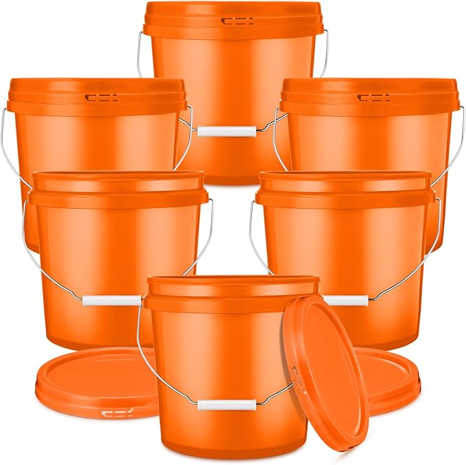 6 Pack 2 Gallon Plastic Bucket with Lid Heavy Duty Pail with Metal Handle Reusable Small Multipurpose Paint Buckets Container for Food Storage(Orange)