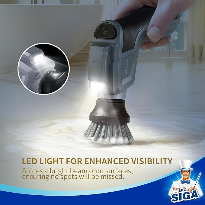 MR.SIGA Electric Spin Scrubber for Kitchen and Bathroom Cleaning, Waterproof Rechargeable Cordless Spin Scrubber with 5 Replaceable Cleaning Brushes and Pads