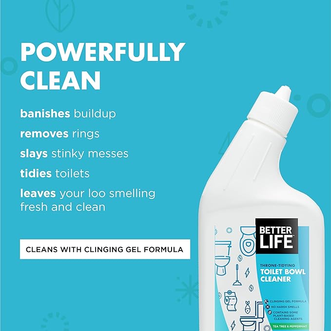 Better Life Toilet Bowl Cleaner, Plant-derived, Stain & Odor Remover, Tea Tree & Peppermint Scent Cleaning Gel, Liquid Bathroom Cleaners for Household, 24 Oz, Pack of 2
