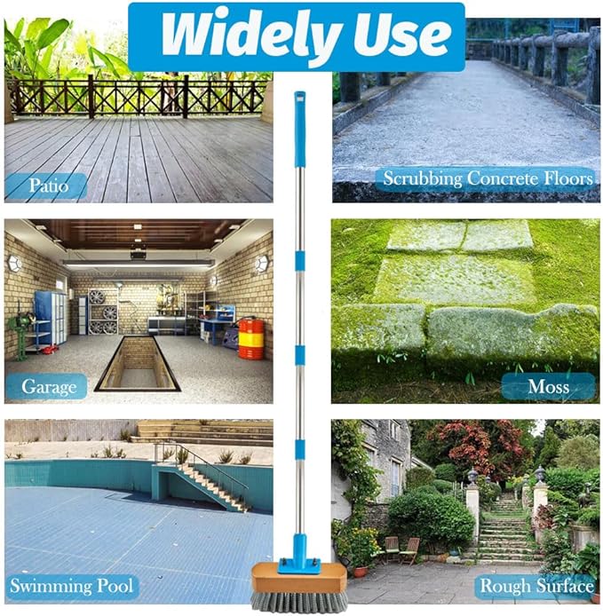 YONILL Stainless Steel Deck Scrub Brush with Long Handle - 60" Heavy Duty Floor Scrubber Brush with Pole, Moss Remover Wire Cleaning Brushes for Rough Surface, Concrete Floor, Patio, Garden, Garage