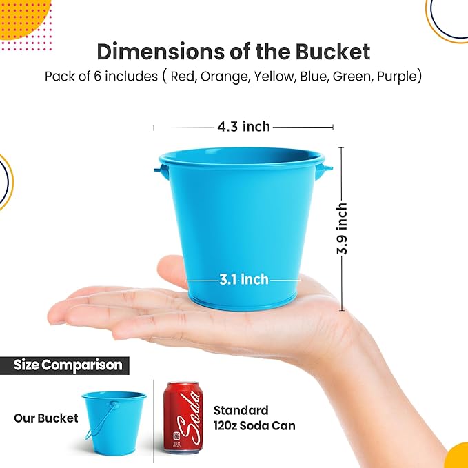 Small Metal Buckets with Handle 6 Pcs – Galvanized Bucket Leak Proof & Rust Resistant 20 fl oz- Best for Party Décor, Kids & Crafts, Pencill Holder Classrooms (Multi, Small 4.3" Top)