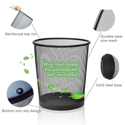 Black Mesh Trash Cans 4 Gallon, 10 Pack, Metal Wire Wastebaskets, Waste Basket Trash Can, Small Trash Cans, Recycling Garbage Container Bin for Office, Home, Bedroom