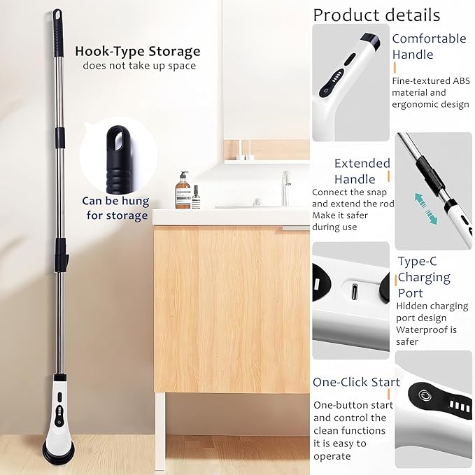 Electric Spin Scrubber - Cordless Cleaning Brush with 9 Attachment Shower and Grout Cleaner, Adjustable Extension Handle, IPX7 Waterproof for Tile Floor Tub Car (White)