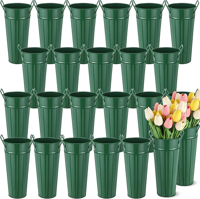 Lallisa 24 Pcs Metal Vases 9 Inch Galvanized French Farmhouse Flower Buckets with Handles and Hemp Rope, Vintage Style Flower Containers for Country Wedding Party Table Centerpiece Decor(Dark Green)