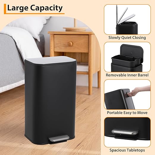 LinTimes Stainless Steel Step Trash Can 8 Gallon (30L) - Soft-Closing Lid, Foot Pedal Operated, Removable Basket,Design for Kitchen, Office, Living Room